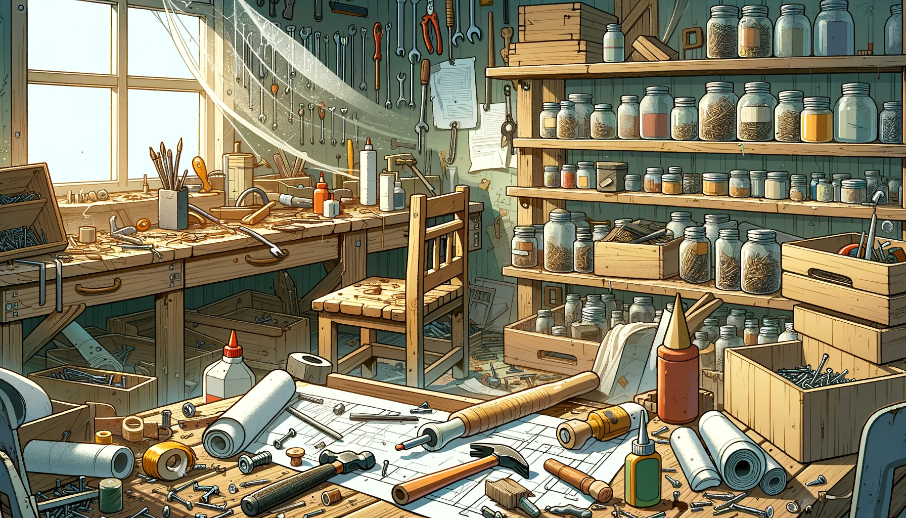 Illustration of a messy workshop