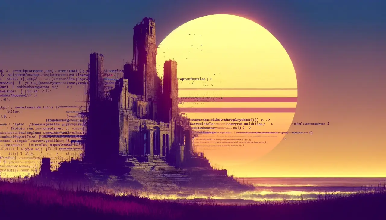 An abstract painting of a crumbling fortress made of code in the sunset